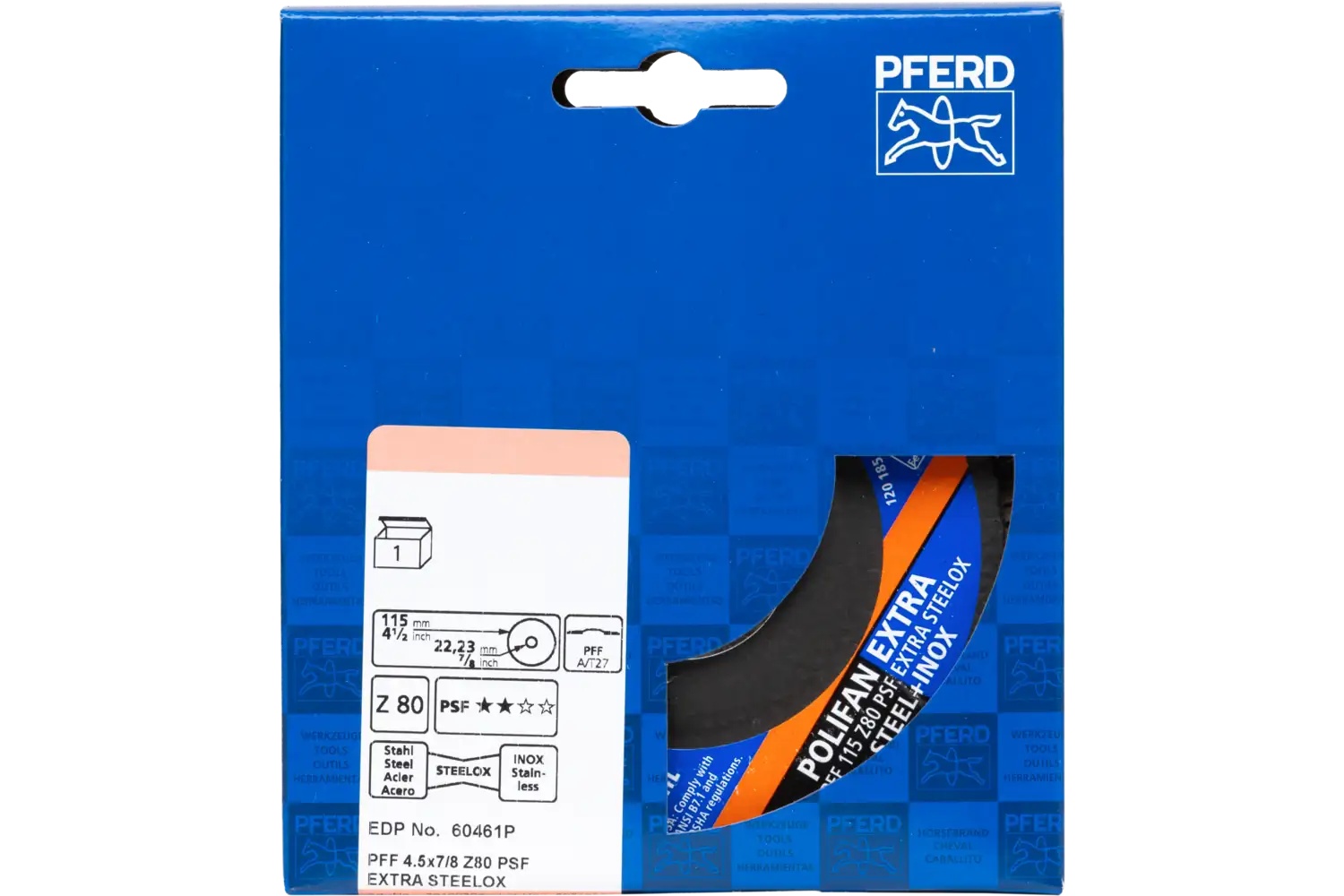 Picture of Pferd Flap Disc, 4-1/2"x7/8, Z PSF Extra Steelox, 80 Grit, T27, Flat, Zirconia, 5PK